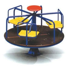 Outdoor playground spinner playset with round base, blue frame, yellow seats, red top.