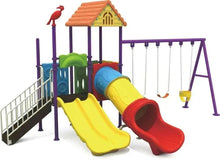 Kids outdoor playground playset with triple slides, purple frame, and small house shelter
