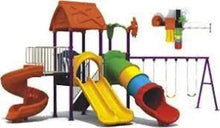 Kids outdoor playground slide set with yellow slide, red tunnel, and orange roof