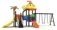 Kids outdoor playground playset with orange slide, swing set and climbing walls