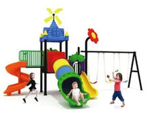 Kids outdoor playground playset with swings, tunnel and spiral slide, climbing structure