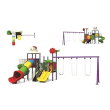 Kids outdoor playground with tube and ramp slides, plus a swing set with ropes