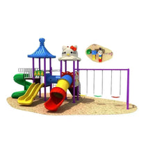 Kids outdoor playground set with purple frame, tube slide, swings, and colorful slides