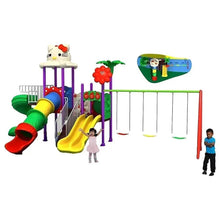 Kids outdoor playground with tube slide, yellow slide, and swing ropes