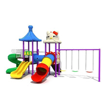 Kids outdoor playground with purple railings, red tube slide, yellow slide, and swing seats