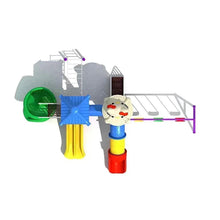 Kids outdoor playground with purple rails, green slide, tube slide, ladder, and swing seats