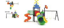 Kids outdoor playground playset with swings, tunnel and spiral slide, back view