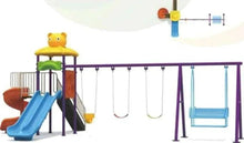 Kids outdoor playground set with platform, blue slide, hanging swing, and ropes