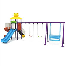 Kids outdoor playground set with double slide, rope bridges, and blue swing