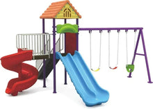Kids outdoor playground set with blue slide, red slide, and swing seats