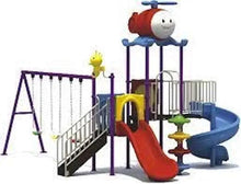 Kids outdoor playground playset with spiral slide, swings, and safety railings