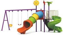 Kids outdoor playground set with multi-color tube slide and swing bars