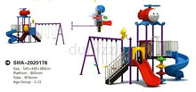Kids outdoor playground playset with spiral slide, swings, slide towers, and deck
