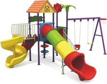 Kids outdoor playground set with purple frame, spiral slide, yellow/red slides, swing ropes