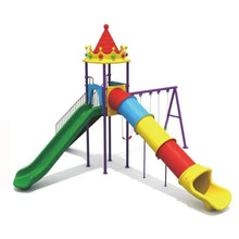 Kids outdoor playground playset with tube slide, tower, and swing