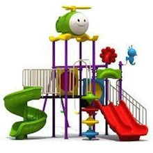 Kids outdoor playset with red slide, green tube slide, and purple ladder rails