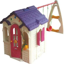 Kids farm playhouse with swing, purple roof, red door, light beige walls