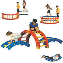 Kids outdoor playset with blue climbing arches, monkey bars, and slide sections