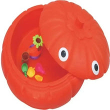 Turtle-shaped kids outdoor sandbox, orange shell with open top and colorful play pieces
