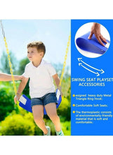 Kids swing seat with chain attachments; child seated on a blue swing board