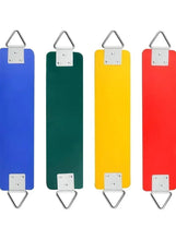 Assorted kids swing seat boards in blue, green, yellow, and red with hanging plates