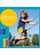 Kids swing board seat in yellow with chain attachments, toddler sitting outdoors