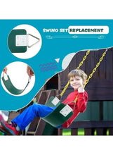 Kids swing board seat with yellow chains and metal hanging plates, child seated