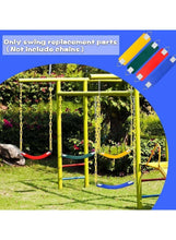 Multiple colored kids swing seat boards attached to a playground frame with chains