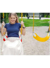 Kids swing seat with yellow board and chain attachments, child holding the chains