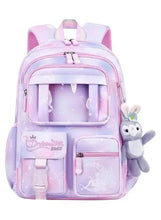 Kids pink and purple backpack with front logo patch and bunny keychain