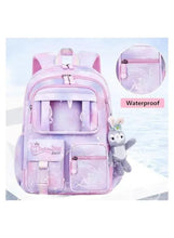 Kids pink and purple school backpack with front organizer and clear pocket, waterproof tag