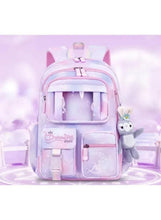 Kids pink and purple backpack with open front panel and bunny keychain