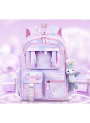 Huitich kids pink and purple school bag with a cute plush charm for school-aged children