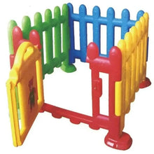 Kids plastic play fence with colorful interlocking panels in green, blue, red, and yellow