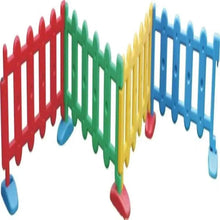 Kids plastic play fence with colorful interlocking panels in red, green, yellow, blue