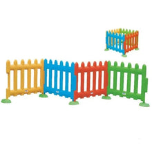 Kids plastic play fence panels in colorful blue, red, green, and yellow with feet