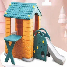 Plastic kids playhouse with teal roof, orange walls, teal step stool, and slide
