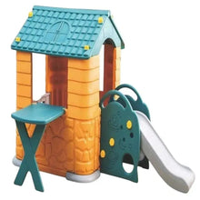 Plastic kids playhouse with teal roof, orange walls, door panel, and slide