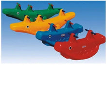 Four kids plastic rocking goat toys in green, orange, blue, and red