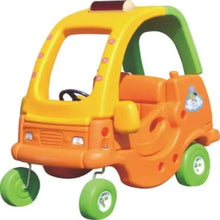 Kids plastic sand car, orange cab with green wheels and open top