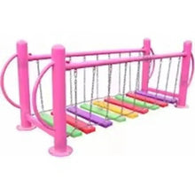 Playground chain bridge with pink posts and rainbow plank walkway on chains