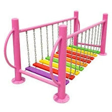 Playground chain bridge with pink rails and rainbow wooden planks on chains