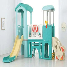 Kids playground set with slide, tunnel, and activity panels in light blue
