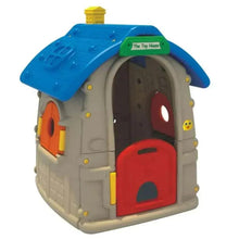 Kids castle play tent with blue roof, gray walls, red front door and yellow windows