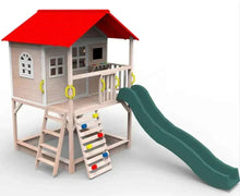 Wooden kids playhouse on stilts with porch, ladder, and teal slide