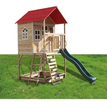 Wooden kids playhouse with red roof, porch, ladder, and dark teal slide