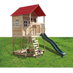 Huitich kids playhouse with slide and porch in wood with red roof and green slide on grassy area