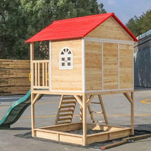 Wooden kids playhouse with red roof, porch, window, and teal slide