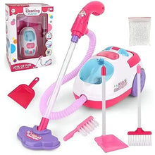 Pink toy cleaning vacuum with hose, dustpan, broom, brush and mop accessories