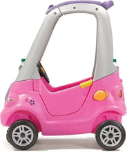 Pink kids push car with gray doors, blue roof, yellow seat panel, flower detail